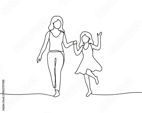Minimalist Line Art Parent and Child Walking Together.