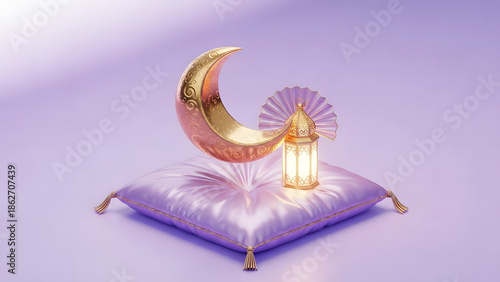3D Render of Golden Crescent Moon and Islamic Lantern on Purple Silk Pillow