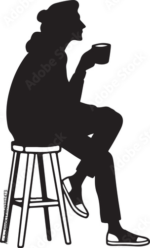 Isolated black silhouette of person sitting on stool drinking coffee mug