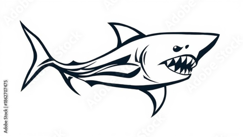 Cartoon vector illustration of a swimming shark silhouette and marine wildlife icons including tuna and dolphin in the blue ocean water