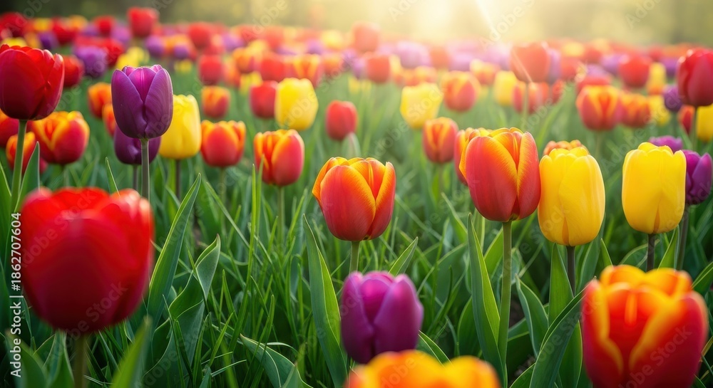 Fototapeta premium Vibrant Field of Tulips in Golden Morning Sunlight