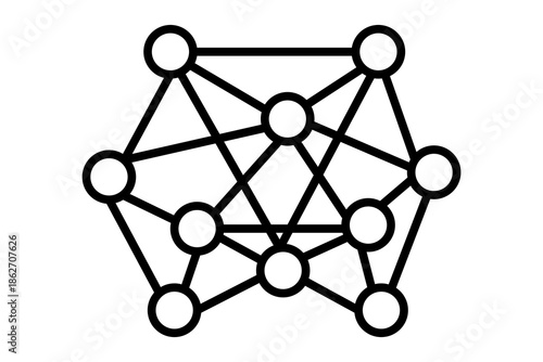 The image shows a minimalist black-and-white illustration of interconnected nodes linked by straight lines, forming a complex network structure.