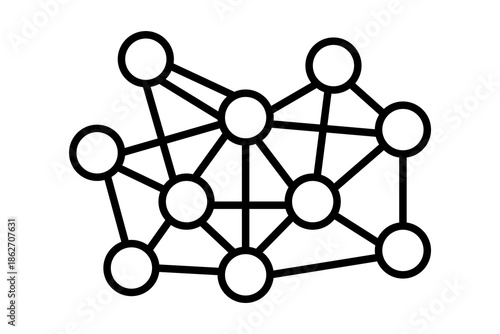 The image is a minimalist black and white illustration of a decentralized network. It consists of several circles (nodes) of varying sizes connected by solid black lines (links)