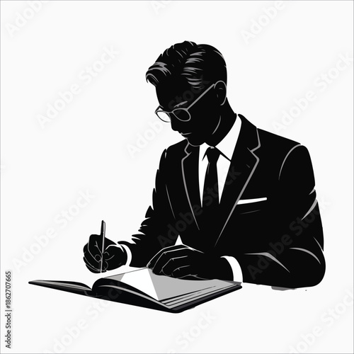 Businessman writing in notebook silhouette vector