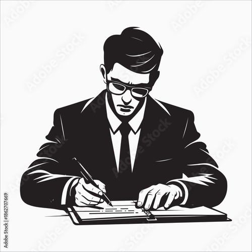 Man writing in notebook accountant  silhouette vector