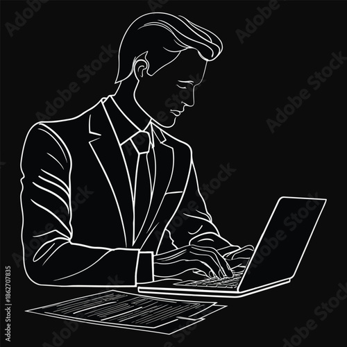 Businessman working on laptop silhouette vector