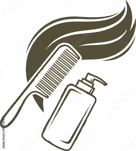 Stylized illustration of hair care essentials a comb, a pump bottle, and flowing hair on white background