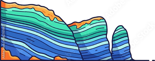 Stylized illustration of layered rock formations or cliffs with blue, teal, and orange strata