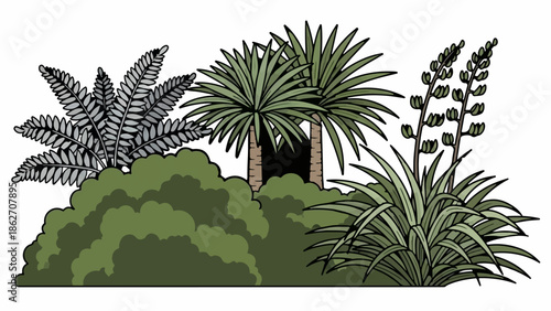 Stylized illustration of lush foliage including ferns, palms, and native plants on a white background