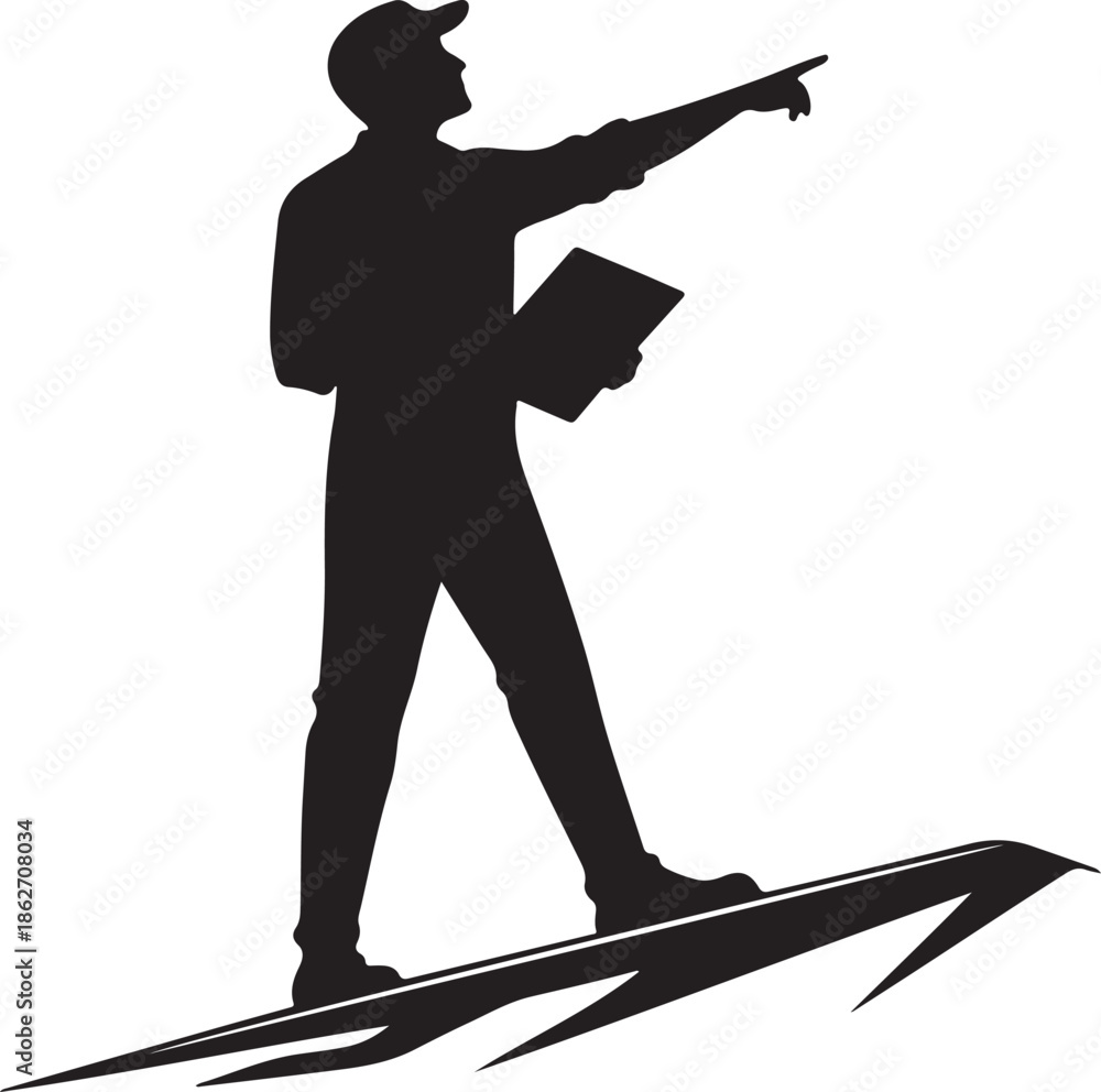 Naklejka premium Silhouette of a leader man standing on an arrow pointing forward, directing the way