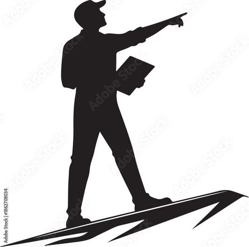 Silhouette of a leader man standing on an arrow pointing forward, directing the way