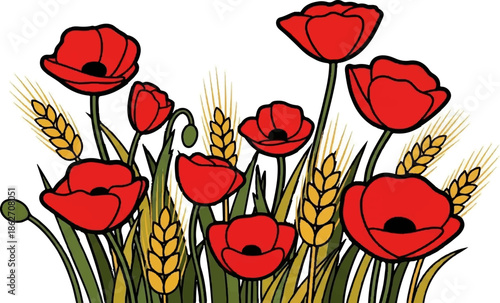Stylized illustration of vibrant red poppy flowers amidst golden wheat stalks and green foliage on white