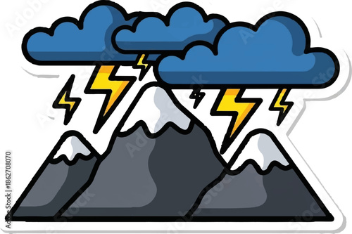 Stylized mountain range under a stormy sky with dark clouds and bright lightning strikes