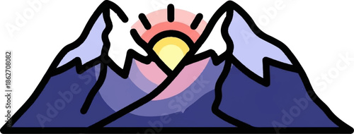 Stylized mountain range with snowy peaks and layers of blue and purple, featuring a radiant sunrise