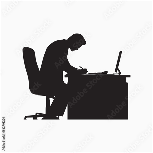 Man working at desk silhouette vector