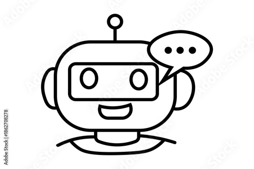 This icon features a friendly, smiling chatbot head. It has a wide, rounded face, a small antenna on top, and a rectangular visor with two circular eyes.