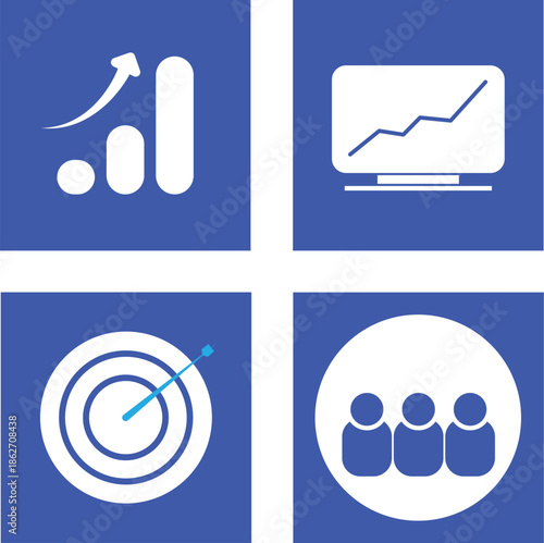 Business analytics icons showing growth targets teamwork strategy