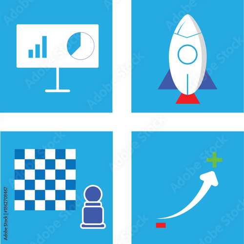 Business analytics icons representing growth targets teamwork strategy