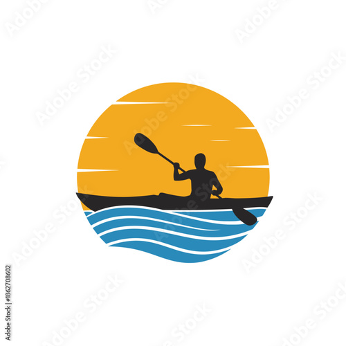 Kayaking or Canoeing Paddler Silhouette against Sunset and Waves Logo