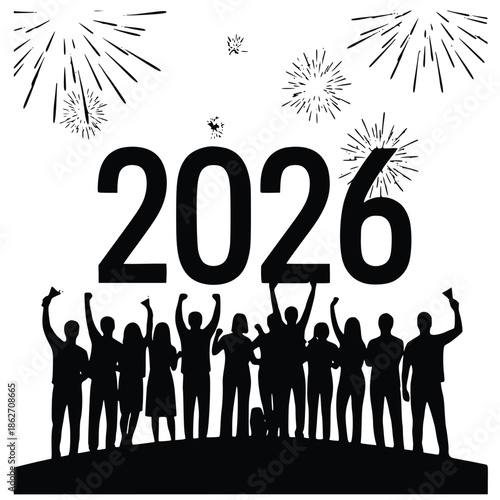 Celebration silhouette of diverse people cheering the arrival of the new year 2026 beneath fireworks