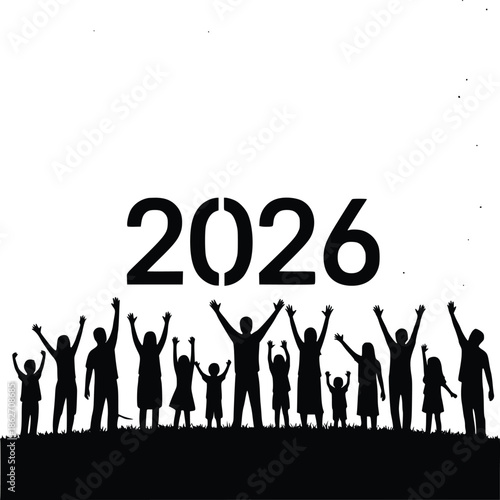 Silhouette of a diverse group of people celebrating the arrival of the upcoming new year 2026