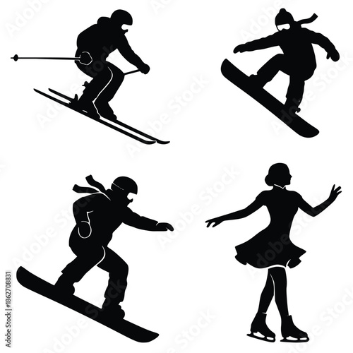 Collection of black silhouettes representing diverse winter sports athletes performing skiing snowboarding and ice skating