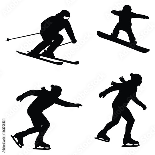Collection of four black silhouettes depicting various dynamic winter sports athletes engaged in action activities