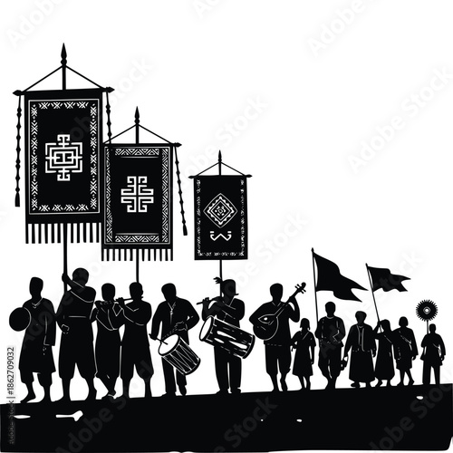 Silhouette of a cultural procession featuring musicians carrying large decorated banners and traditional flags