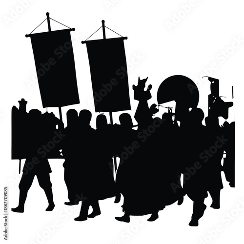 Silhouetted crowd of protestors marching forward carrying large blank banners against a white background