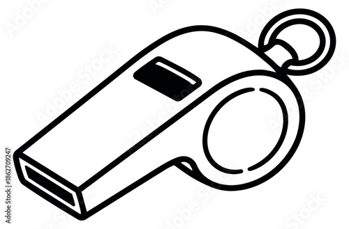 Hand drawn line art illustration of a whistle depicting a signaling device for sports and emergencies