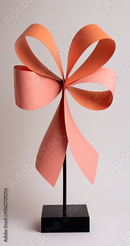 Abstract coral ribbon bow sculpture on black stand
