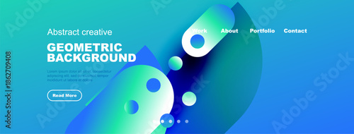 Modern website header design. Vibrant blue gradients, geometric shapes, text elements present. Clean layout for digital presentation.