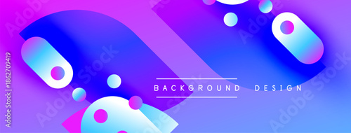 Vibrant abstract shapes blend purple, blue hues. Modern design features overlapping forms, gradients, text elements. Dynamic composition creates visual interest.