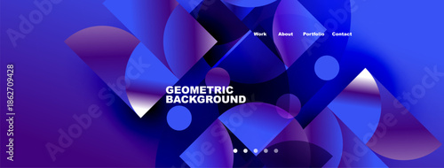 Abstract geometric background features vibrant blue hues, circular shapes, text elements for navigation. Modern design, dynamic composition.