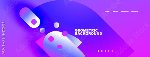 Abstract purple background features fluid shapes, text, navigation elements. Modern design, vibrant colors, simple layout.