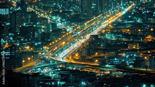 Wallpaper Mural Night city highway intersection aerial view. Possible use Stock photo Torontodigital.ca