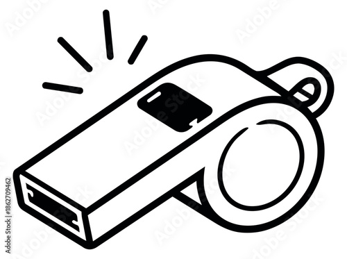 Hand drawn line art illustration of a whistle depicting a loud sound and alert for sports games and emergency situations