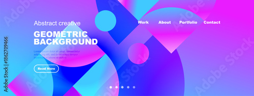 Bright abstract website header. Geometric shapes, text overlays, navigation menu present. Modern design, vibrant colors dominate composition.