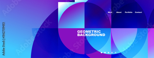 Abstract geometric design. Vibrant blue, purple hues dominate. Text reads Geometric Background, navigation visible above. Modern aesthetic.