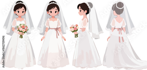 ride Character Turnaround Holding Bouquet in White Wedding Dress – Front, Side, Back Views