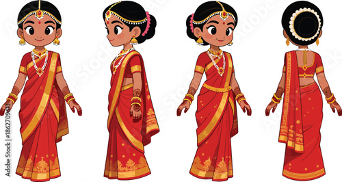 Indian Bride Character Turnaround in Red Lehenga and Dupatta – Front, Side, Back Views