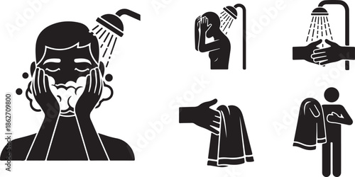 Illustrative pictograms of the daily routine and best practices for showering and body care