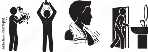 Daily hygiene routine depicting a person showering, drying, and entering the bathroom