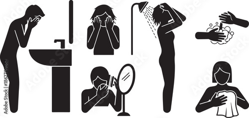 Daily personal hygiene routine with various actions like washing, showering, and grooming