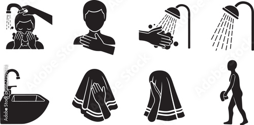A comprehensive set of hygiene icons illustrating various daily washing and personal care routines