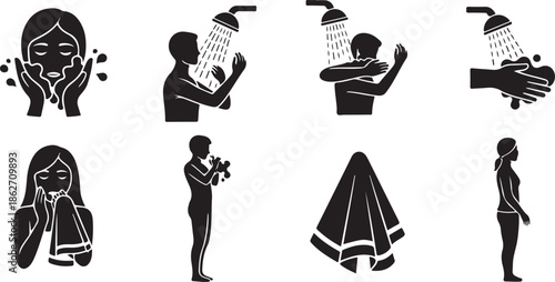 A collection of icons representing personal hygiene steps including washing, showering, and drying