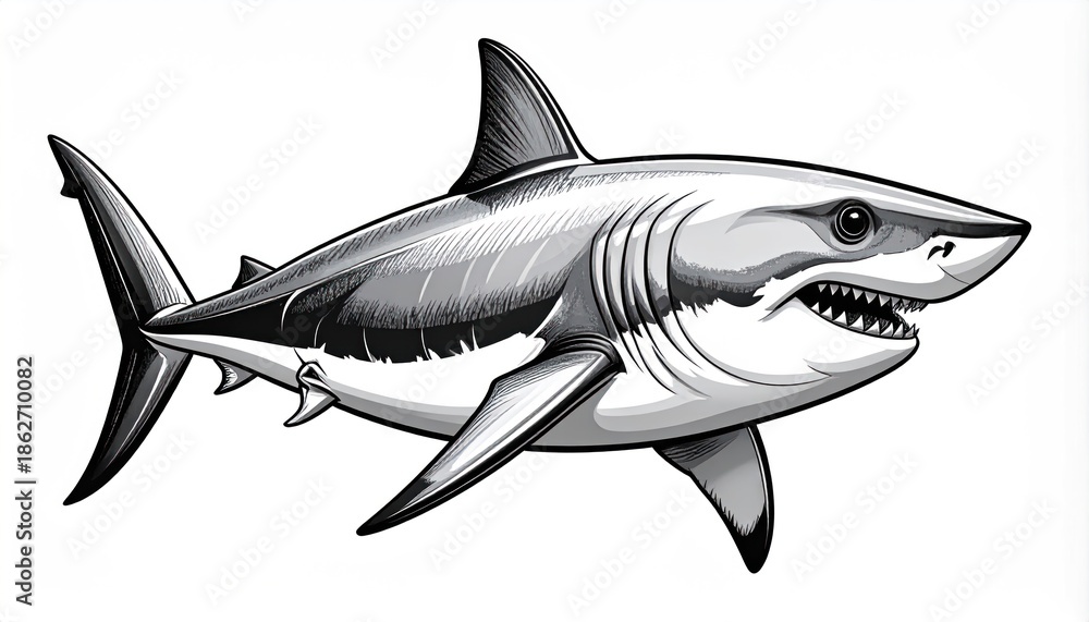 Fototapeta premium Detailed monochrome illustration of a great white shark in profile.