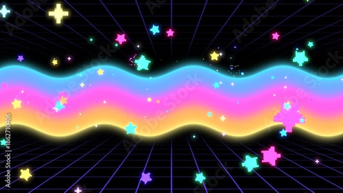 Rainbow gradient synthwave with flying pixel stars animation. (loop)