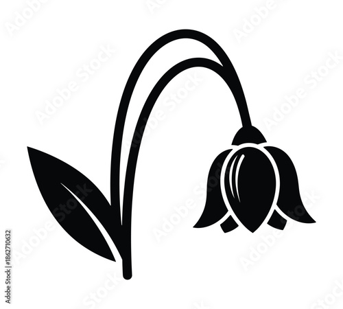 Black silhouette illustration of a single drooping bell-shaped flower with a curved stem and a leaf, depicted in a simple, elegant style.