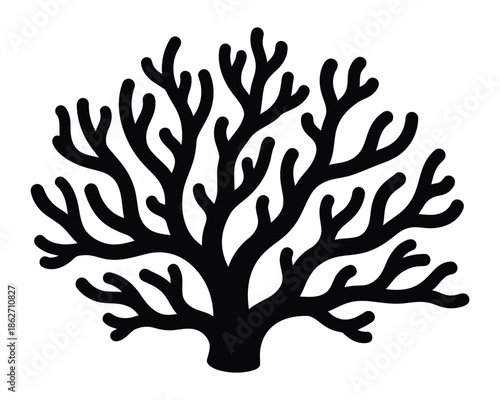 A black silhouette of a branching coral or a stylized tree-like structure with numerous intricate branches, isolated on a white background.